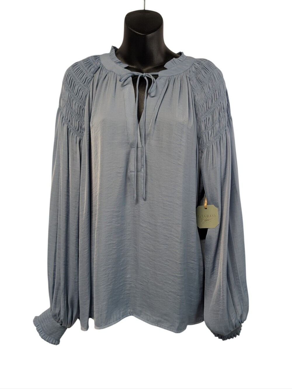 Ryegrass Dusty Blue Smocked Peasant Blouse Tie Neck Long Sleeve Boho XL NWT